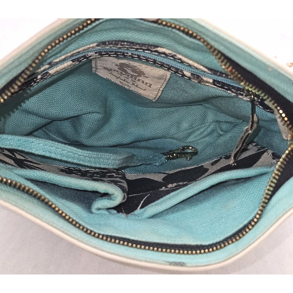 Spartina 449 Linen Floral Crossbody Bag Black White Cream Trim Turquoise Lining - Picture 6 of 12